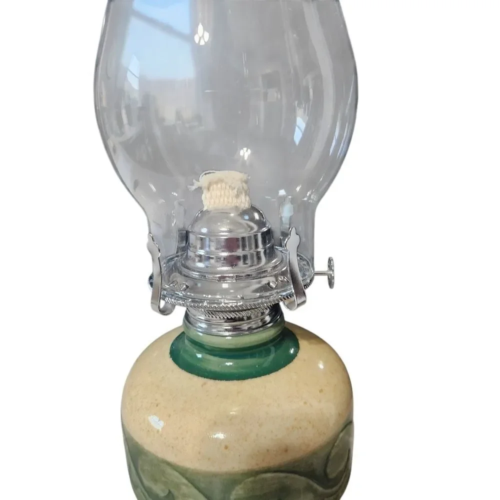 Vintage Oil Lantern Farmhouse Ceramic Green Cream Country with Glass Hurricane